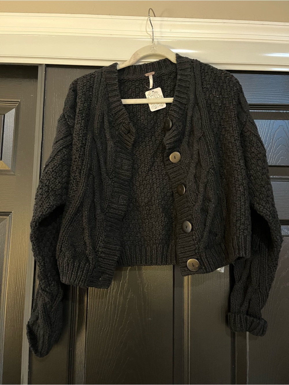 Free People Black Cropped Cable Knit Button Cardigan